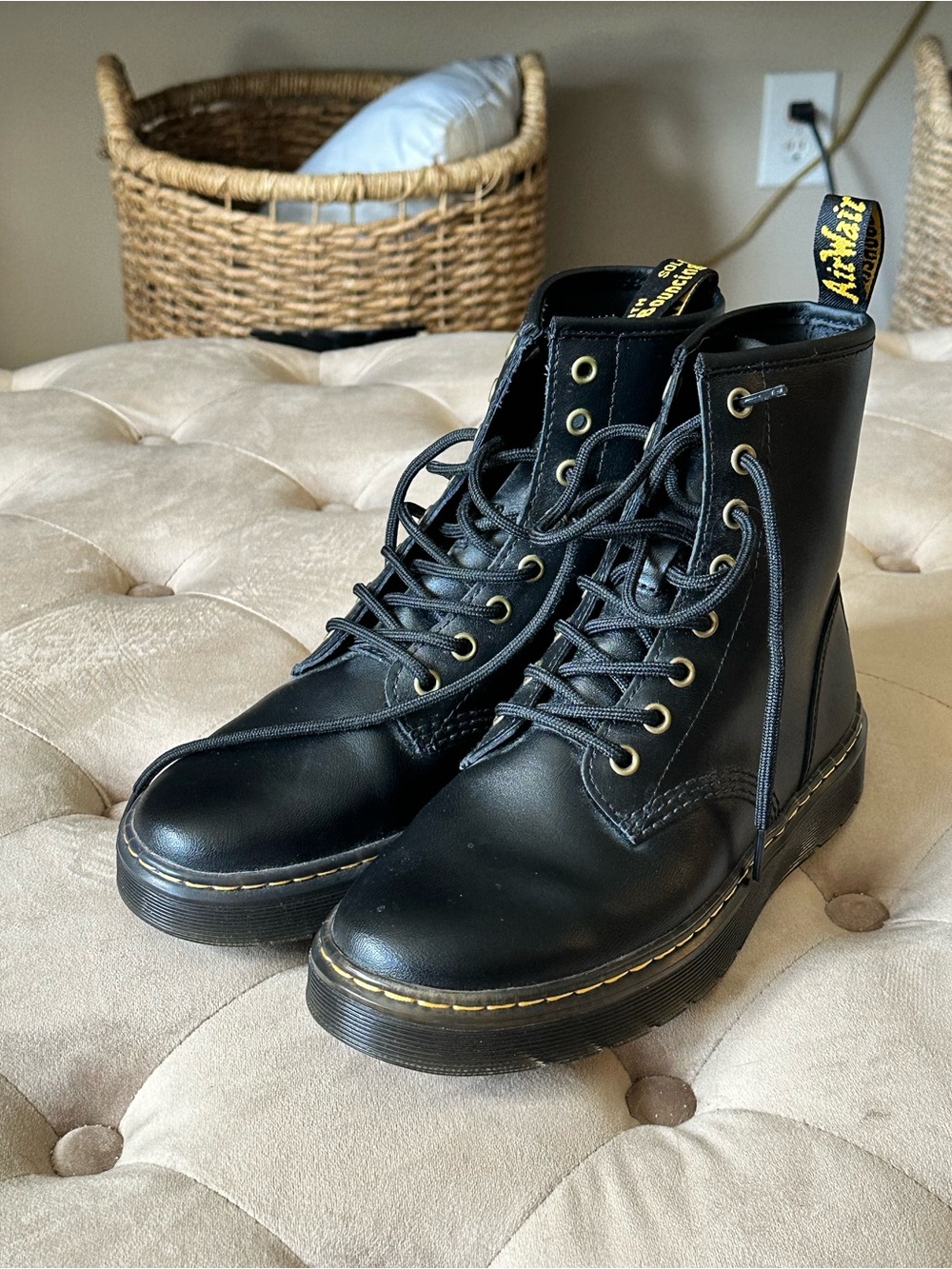NWOT Dr. Martens Black Leather Lace-Up Ankle Boots with Yellow Stitching